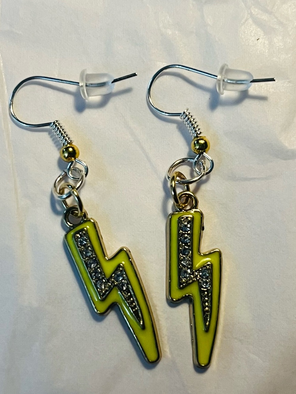 Yellow Lightning Bolt Drop Earrings with Crystal Accent